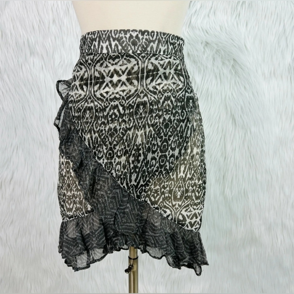 Free People Womens Sz 10 Gray Ivory Chiffon Ruffle Animal Print Skirt